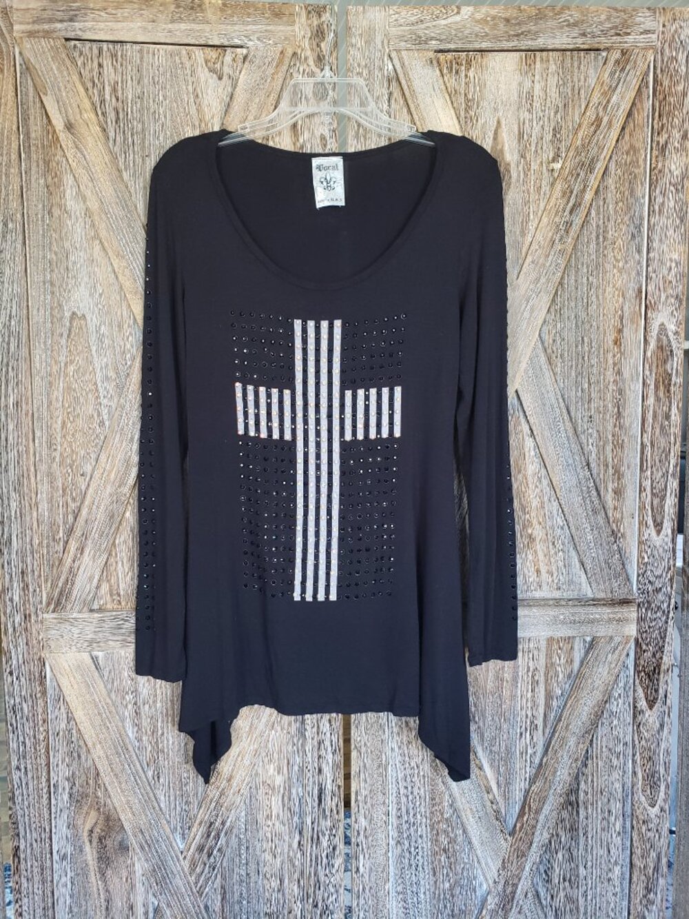 Vocal USA Whimsygoth Tunic Top Womens L Black White Rhinestone Embellished Cross